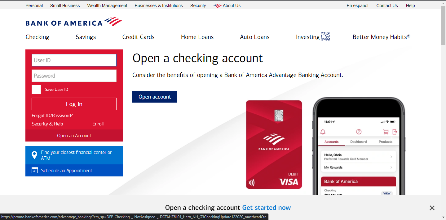 Bank of america website homepage